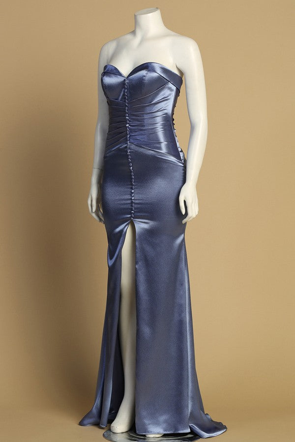 Strapless Fabric Covered Button Satin Sheath Dress