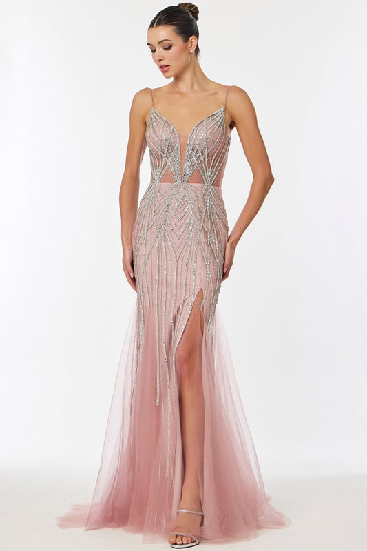 Sleeveless Spaghetti Straps Bead Stripe Sheath Dre