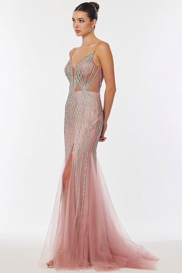 Sleeveless Spaghetti Straps Bead Stripe Sheath Dre