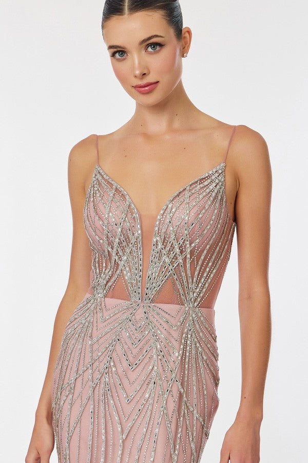 Sleeveless Spaghetti Straps Bead Stripe Sheath Dre