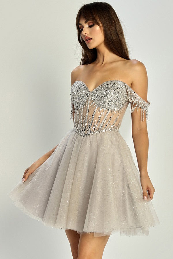 Fringed Off Shoulder Sleeve Short Dress