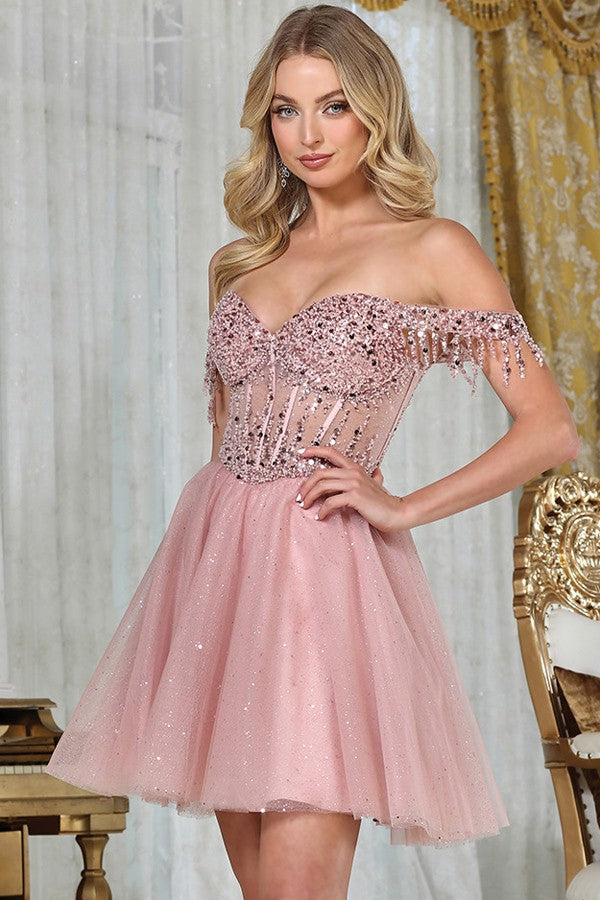 Fringed Off Shoulder Sleeve Short Dress