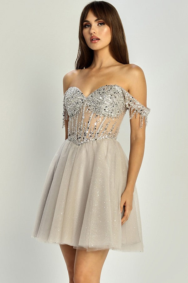 Fringed Off Shoulder Sleeve Short Dress