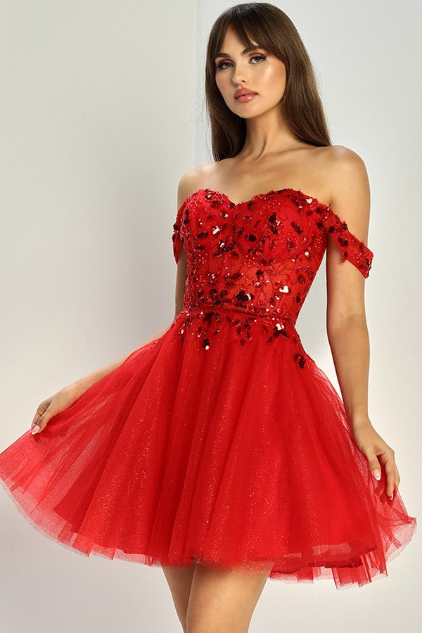 Off Shoulder Sweetheart Embellished Short Dress