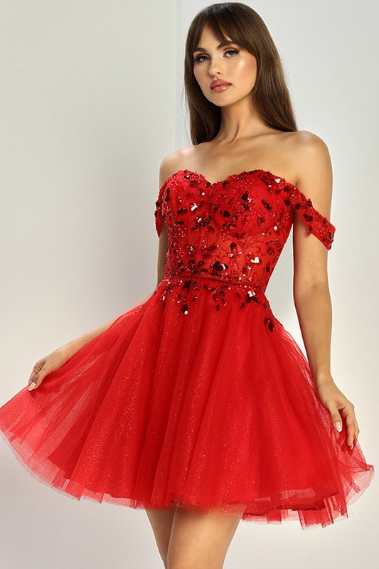 Off Shoulder Sweetheart Embellished Short Dress