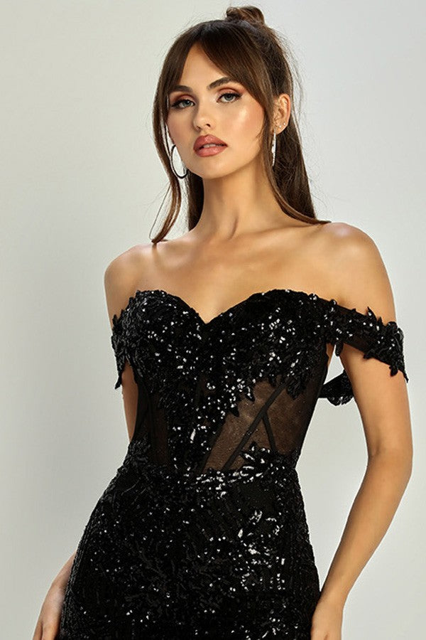 Off Shoulder Sweetheart Illusion Fitted Sequin Sho