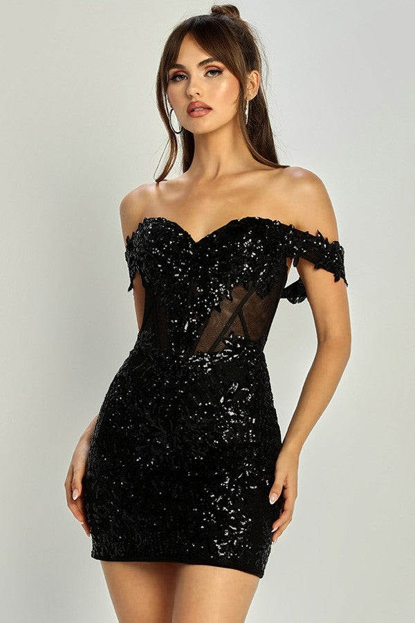 Off Shoulder Sweetheart Illusion Fitted Sequin Sho