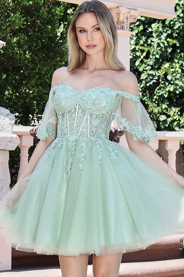 Off Shoulder Sheer Short Sleeve Cocktail Dress