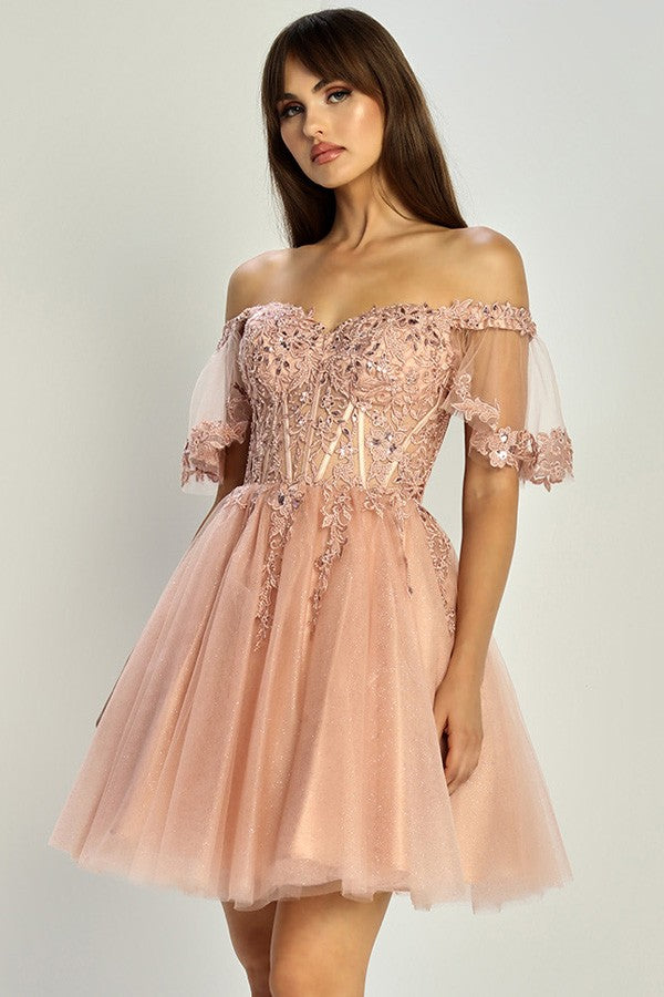 Off Shoulder Sheer Short Sleeve Cocktail Dress