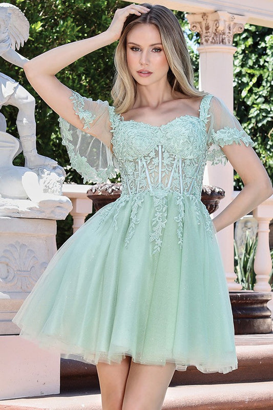 Off Shoulder Sheer Short Sleeve Cocktail Dress