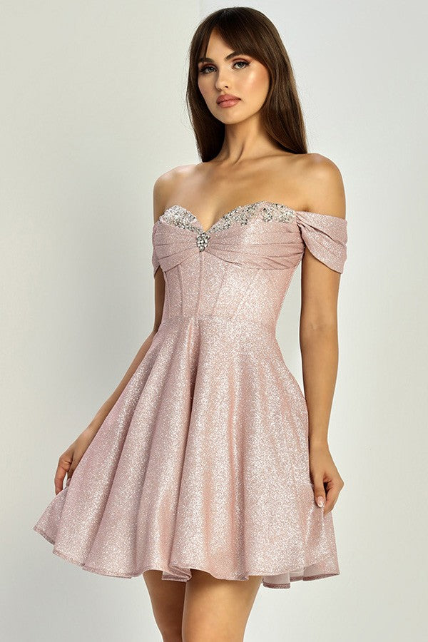 Off Shoulder Sequin/bead Neckline Metallic Glitter