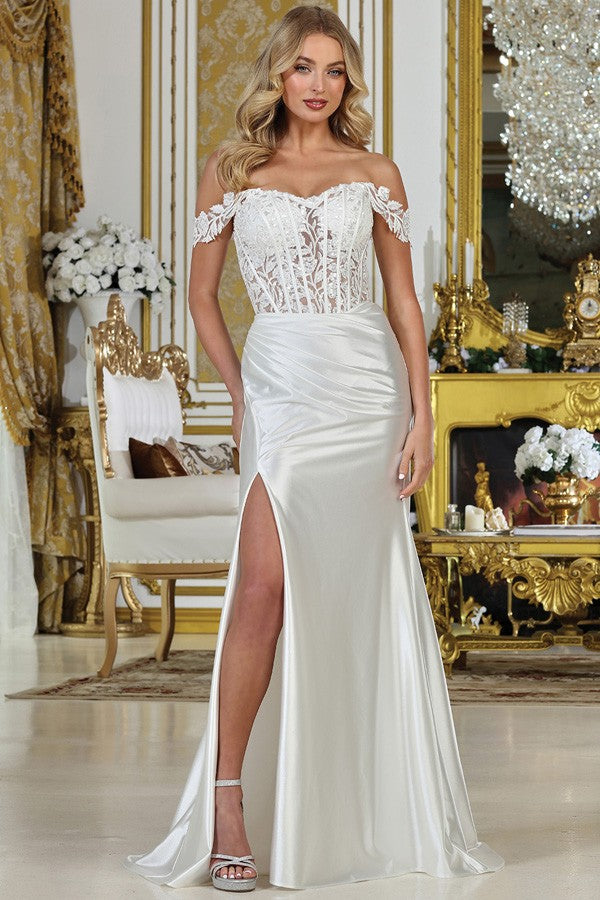 Off Shoulder Sweet Lace Top Satin Sheath Wedding D