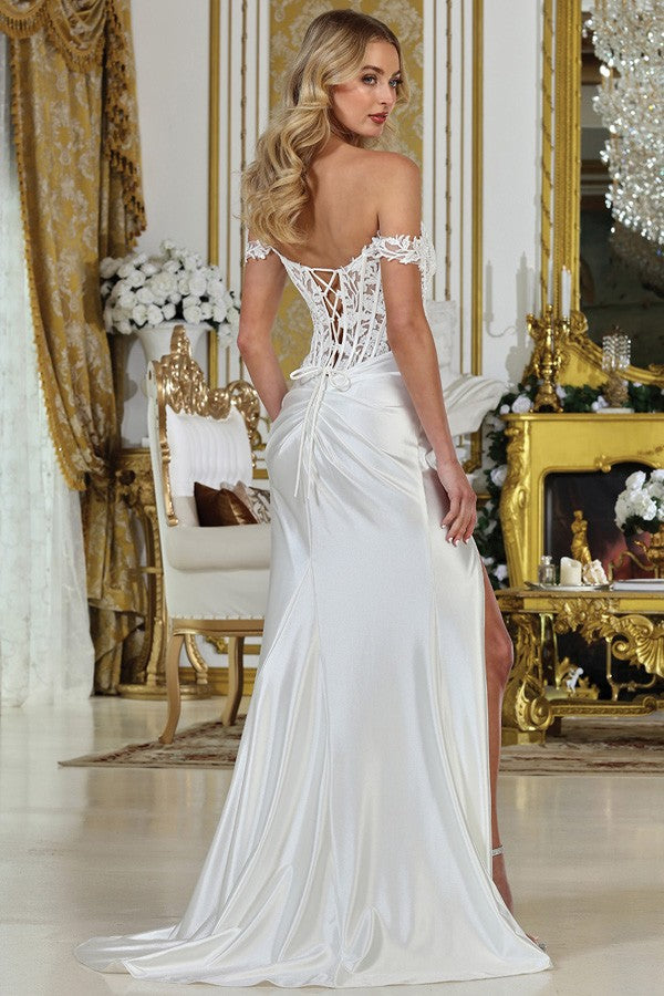 Off Shoulder Sweet Lace Top Satin Sheath Wedding D