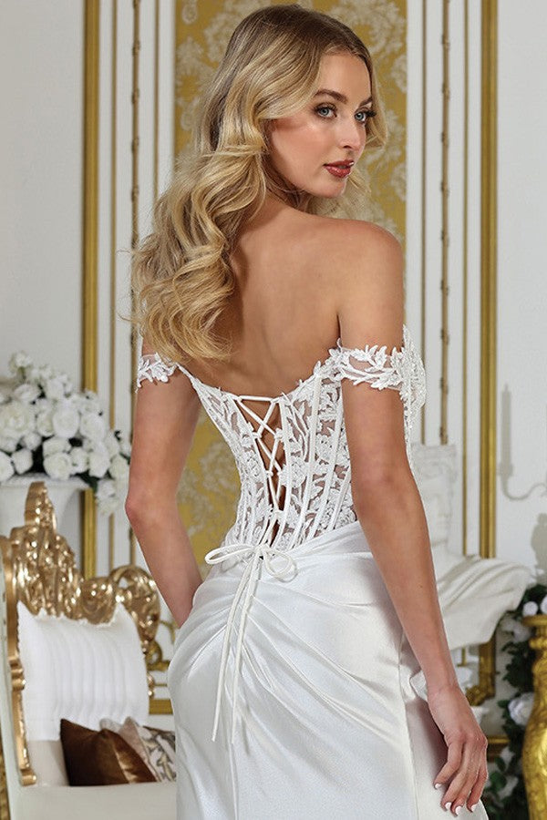 Off Shoulder Sweet Lace Top Satin Sheath Wedding D