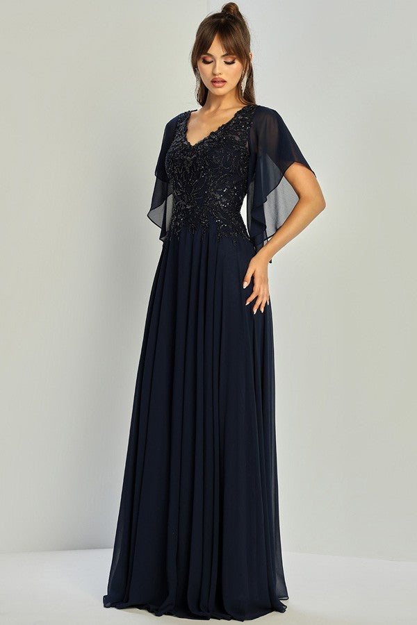 V Neckline Butterfly Sleeve Chiffon Mob Dress