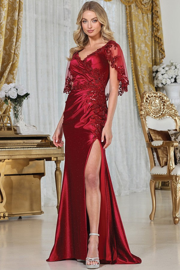 Sheer Cape Sleeve V Neckline Sheath Mob Dress